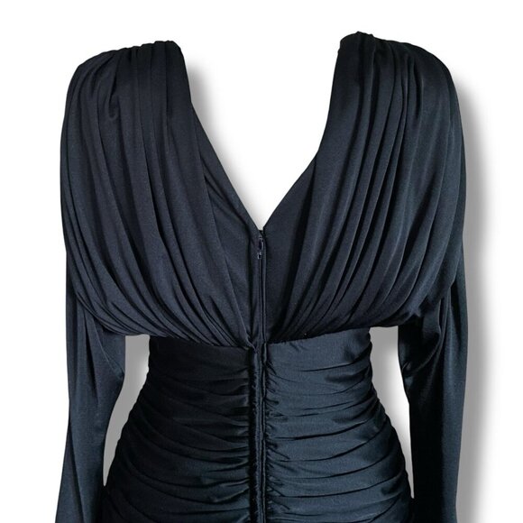 Vintage 1980s Claraluna Originals Dress Sz Small Black Coffin Pleat Vamp Disco - Picture 10 of 13